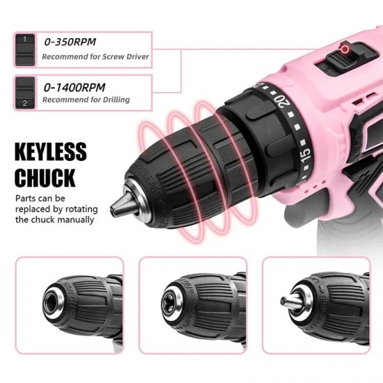 Rosa Akku-Bohrschrauber-Set mit 25+1 Drehmomentstufen