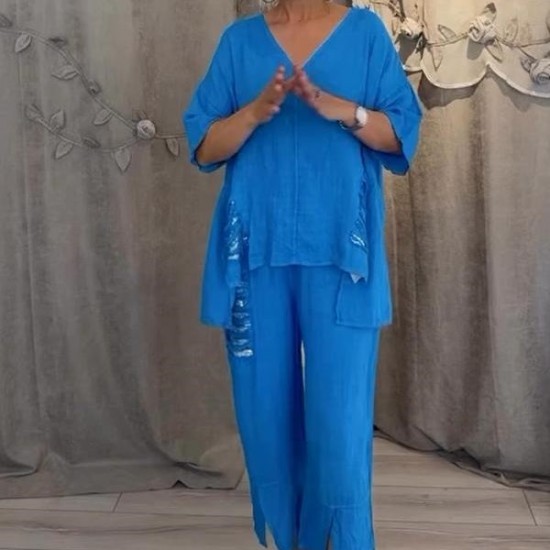 Sptsommerschlussverkauf Zeitlich begrenzt 50% RABATT 2-teiliges Set aus Baumwollleinen mit V-Ausschnitt für Damen