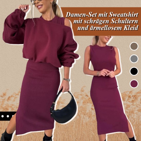 Damen-Set mit Sweatshirt mit schrgen Schultern und rmellosem Kleid