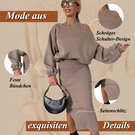Damen-Set mit Sweatshirt mit schrgen Schultern und rmellosem Kleid
