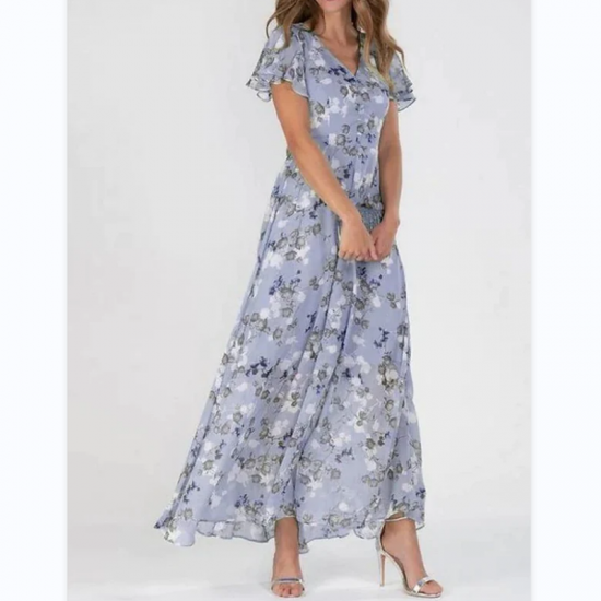 Kurzrmeliges langes Kleid mit Blumendruck