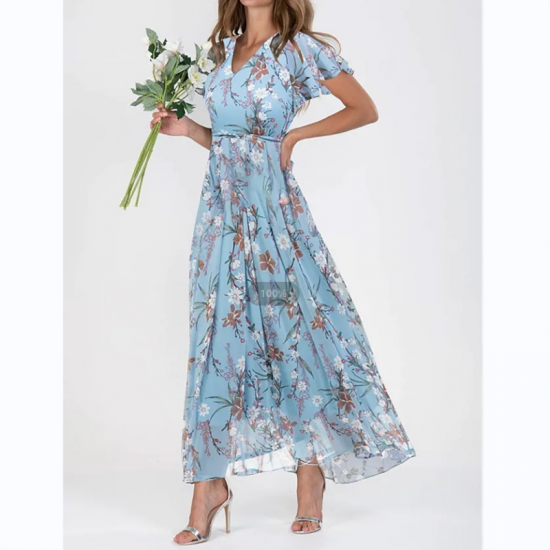 Kurzrmeliges langes Kleid mit Blumendruck