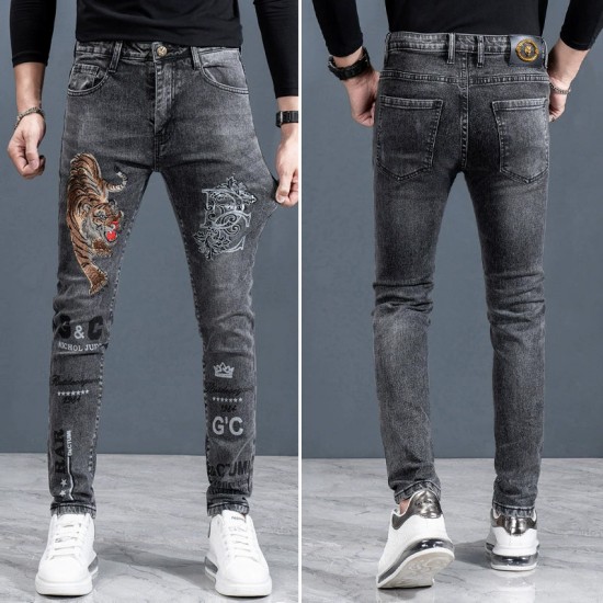 Herren bedruckte Slim-Fit-Jeans mit geradem Bein