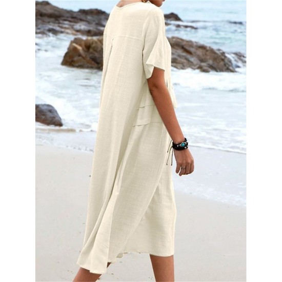 Damen Rundhalsausschnitt Baumwolle Leinen Midikleid