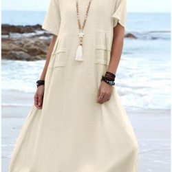 Damen Rundhalsausschnitt Baumwolle Leinen Midikleid