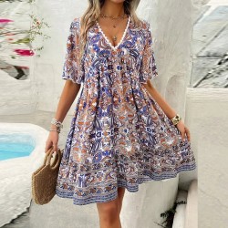 Schneller Abverkauf – 50 % RabattMinikleid mit Blumenmuster und V-Ausschnitt und kurzen rmeln für Damen