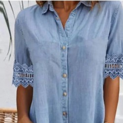 Zeitlich begrenztes AngebotBlaues, schlichtes Minikleid aus Denim mit Kragen und Spitzenbesatz