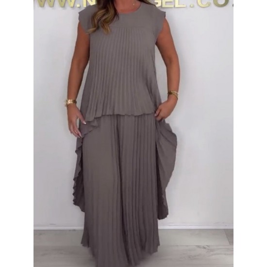 49% RabattLaney Set aus plissiertem, kurzrmligem, unregelmigem Midi-Top und Hose mit weitem Bein und elastischer Taille